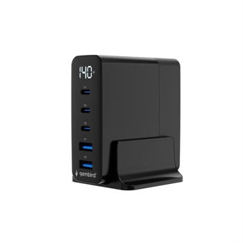 Gembird TA-UC-2A3C-PD140-01-BK Επιτραπέζιος Φορτιστής GaN 5 Θυρών 140W (3x USB-C / 2x USB-A) Power Delivery & Quick Charge 3.0 - Μαύρο